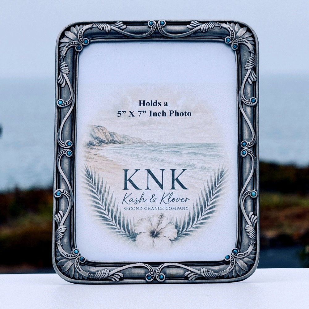 Ornate Turquoise Beaded Silver Tone Photo Frame 5x7 Vintage Style Tabletop Decor